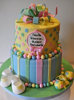 pink, blue and yellow baby shower cake
